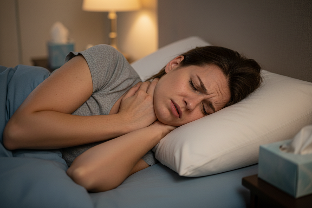 Osoba narzekająca na ból szyi spiaca na zwyklej poduszce