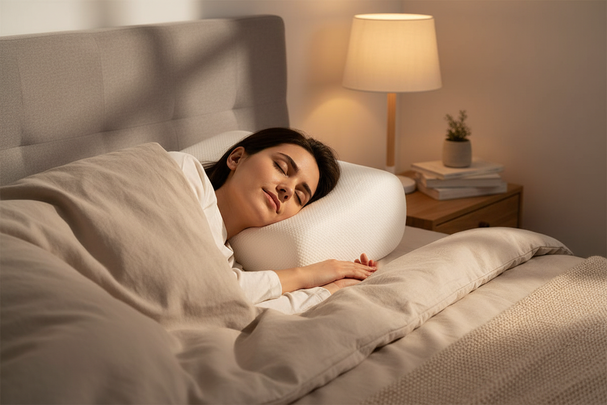 Osoba śpiąca wygodnie w łóżku na poduszce ortopedycznej